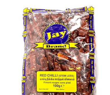 jay brand red chilli stemless 100g